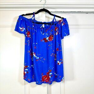 Strappy Off Shoulder Floral Cobalt Blue Flowy Top M